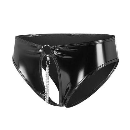 Glossy Temptation Patent Leather Shorts with Chain & Open Crotch