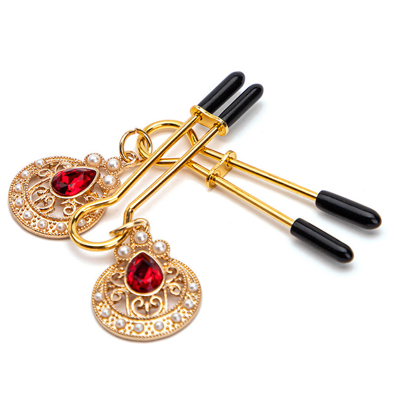 Gold Nipple Clamps with Red Gemstone Pendants