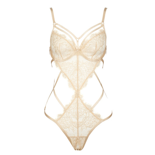 Pearl Beige Lace Cutout Bodysuit