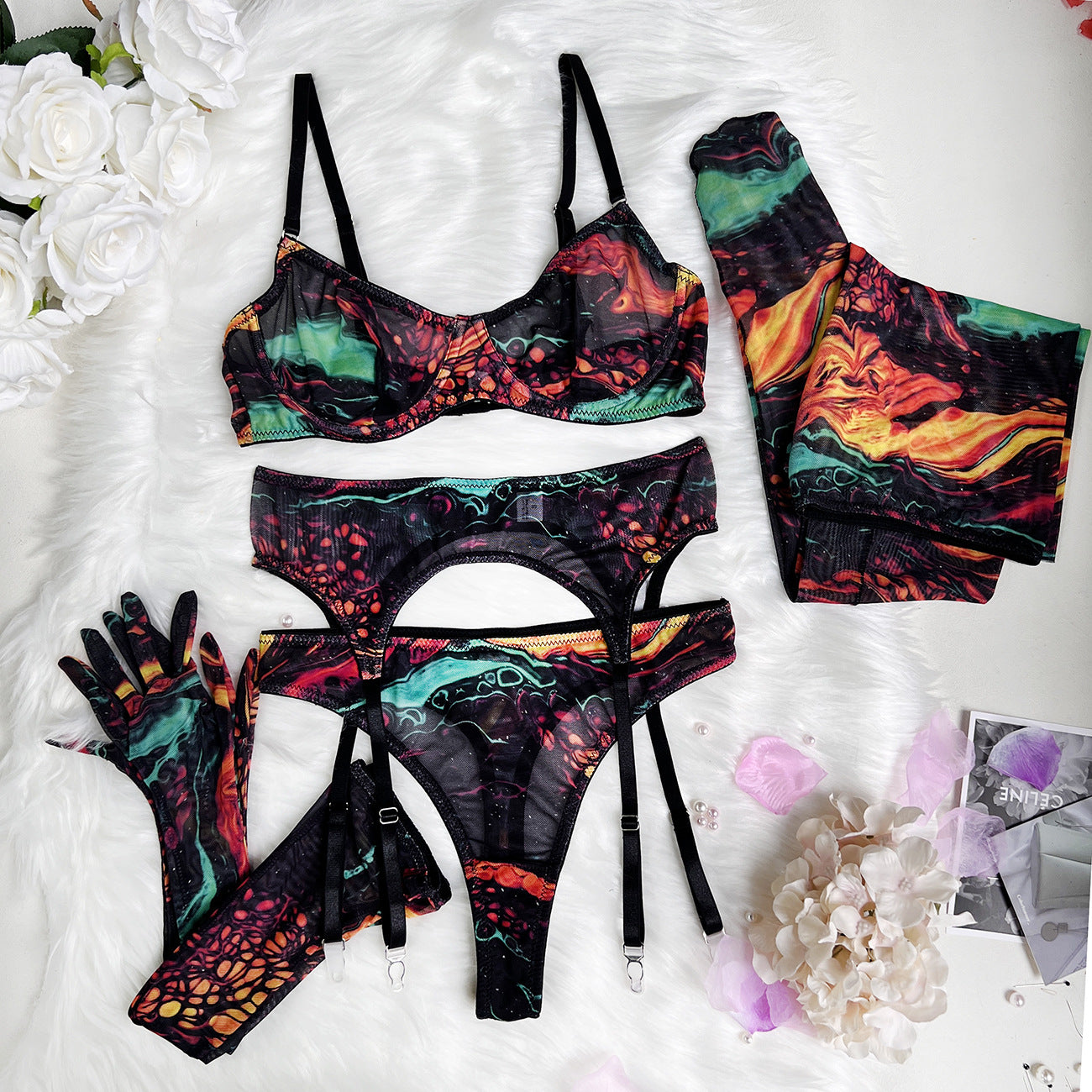 Watercolor Muse Sheer Mesh Lingerie Ensemble with Matching Accessories