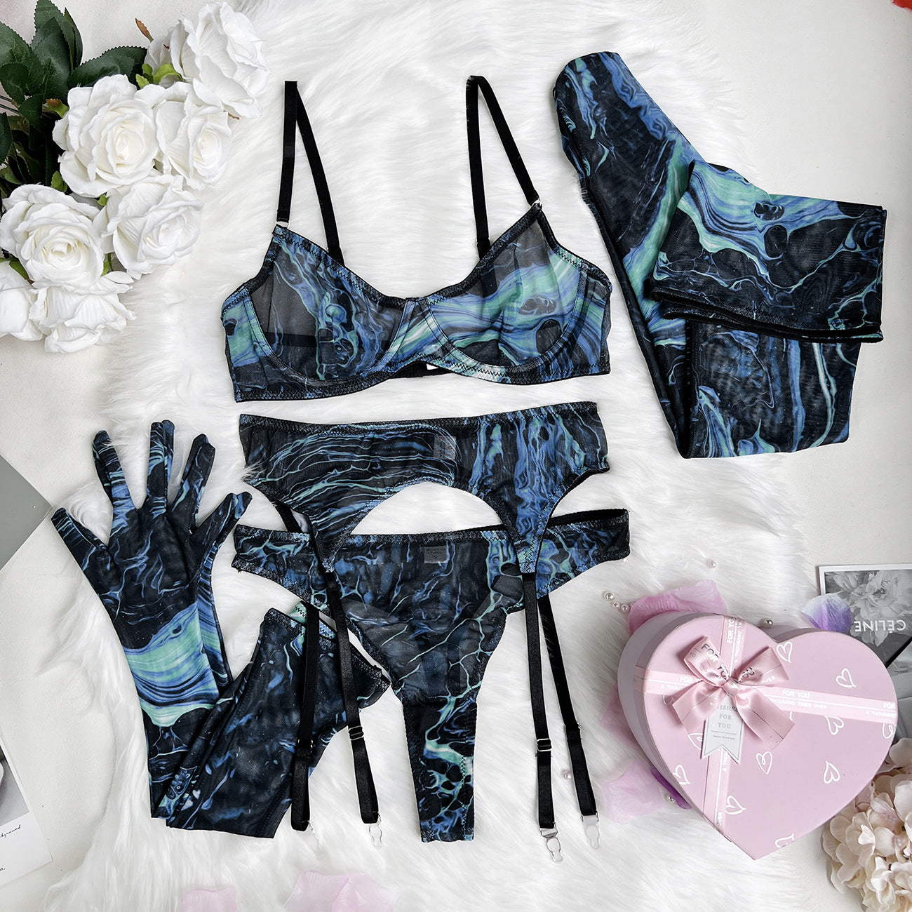 Watercolor Muse Sheer Mesh Lingerie Ensemble with Matching Accessories