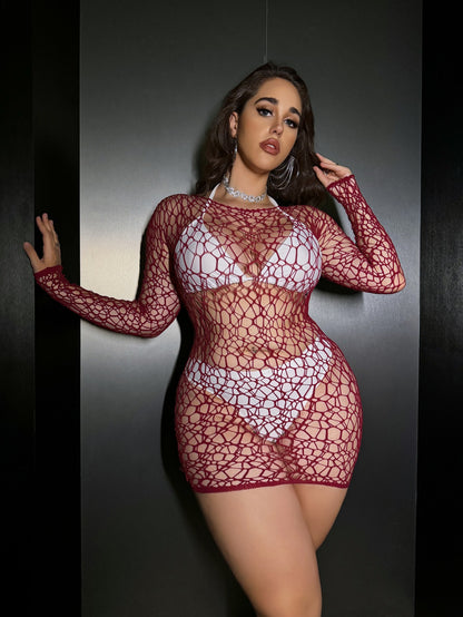 Seductive Burgundy Fishnet Mini Dress