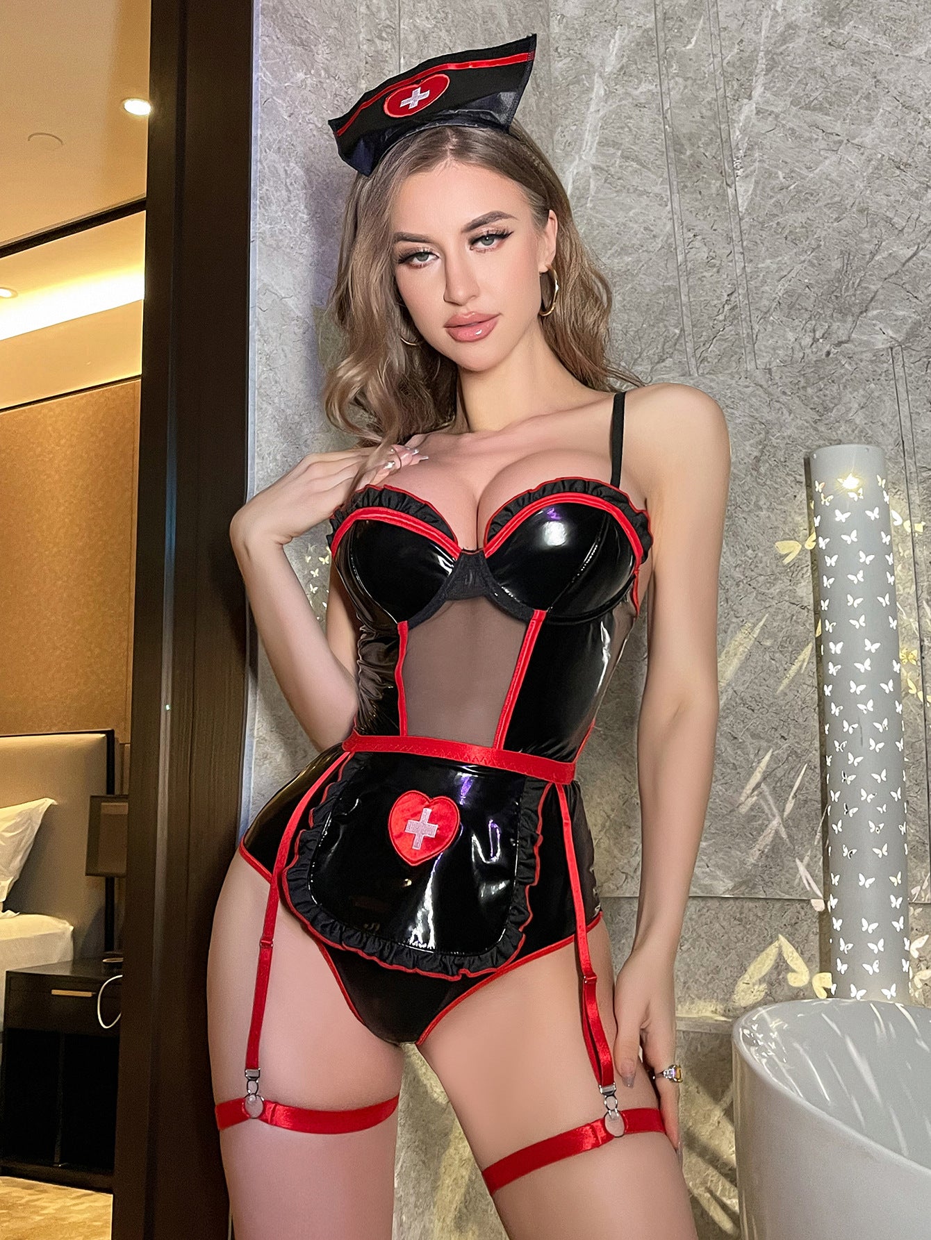 Seductive Nurse Vinyl Garter Bodysuit