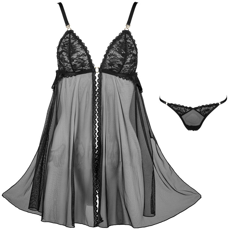 Sheer Chiffon Lace Babydoll Set