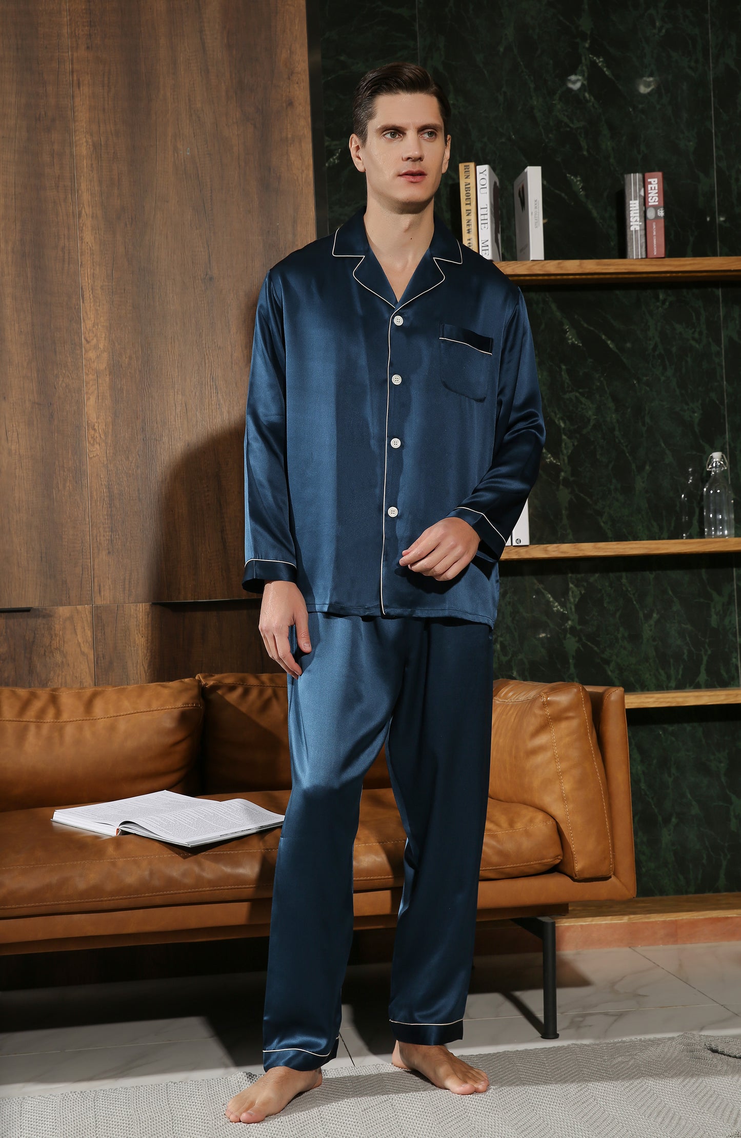 Deep Dark Blue Silk Classic Men’s Pyjama Set