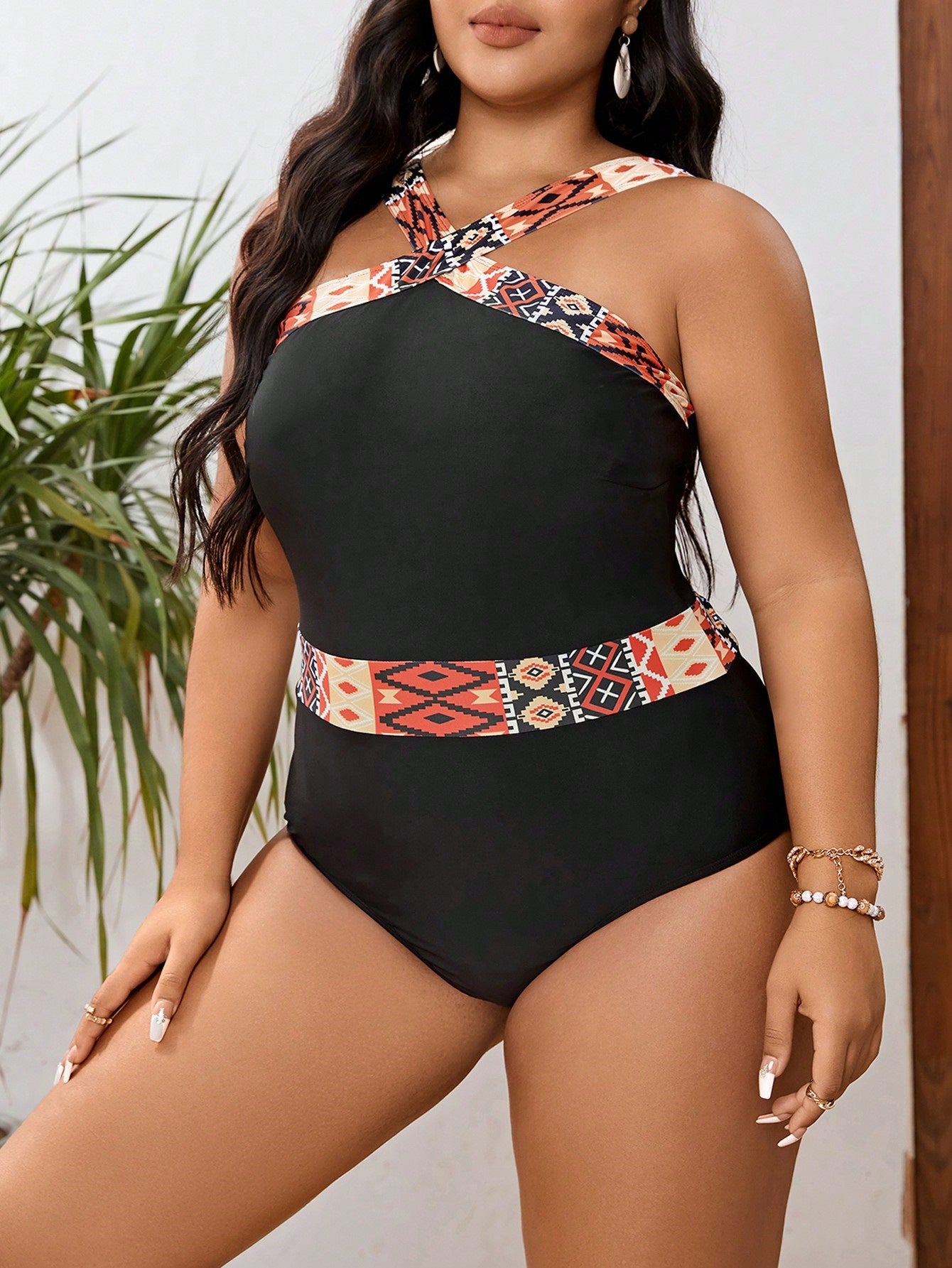 Tribal Chic Cross-Front Plus-Size One-Piece Swimsuit mooods swimwear 