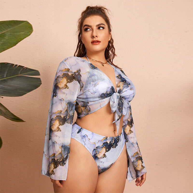 Marble Elegance Plus-Size Three-Piece Bikini Set with Sheer Cover-Up mooods swimwear 