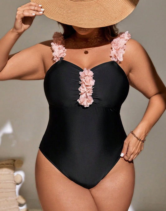 Classic Black One-Piece Swimsuit with Voluminous Petal Decor mooods swimwear 