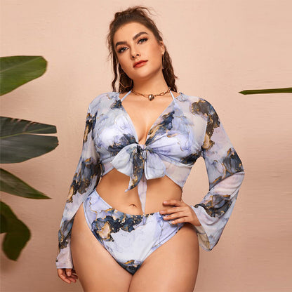 Marble Elegance Plus-Size Three-Piece Bikini Set with Sheer Cover-Up mooods swimwear 