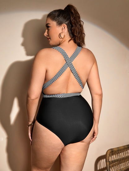 Retro Chic: Plus-Size One-Piece with Cross-Back and Bow Tie mooods swimwear 