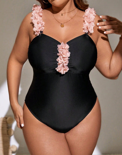 Classic Black One-Piece Swimsuit with Voluminous Petal Decor mooods swimwear 