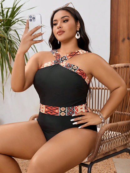 Tribal Chic Cross-Front Plus-Size One-Piece Swimsuit mooods swimwear 