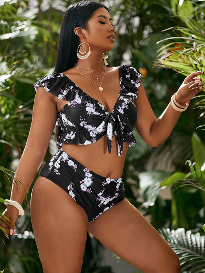Floral Elegance: Ruffled Bliss Plus-Size Bikini Set mooods swimwear 