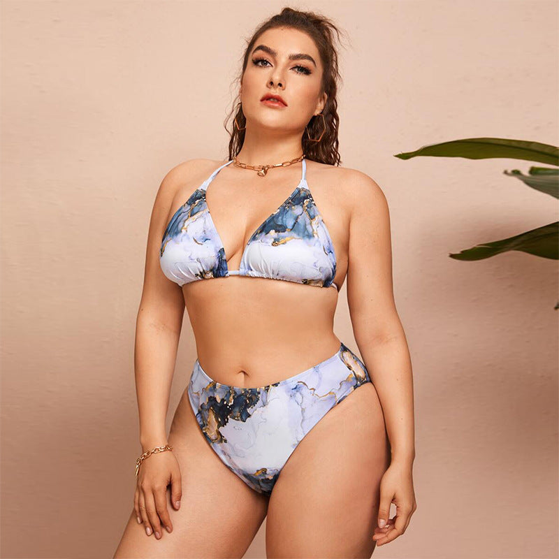 Marble Elegance Plus-Size Three-Piece Bikini Set with Sheer Cover-Up mooods swimwear 