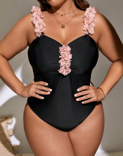 Classic Black One-Piece Swimsuit with Voluminous Petal Decor mooods swimwear 