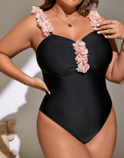 Classic Black One-Piece Swimsuit with Voluminous Petal Decor mooods swimwear 