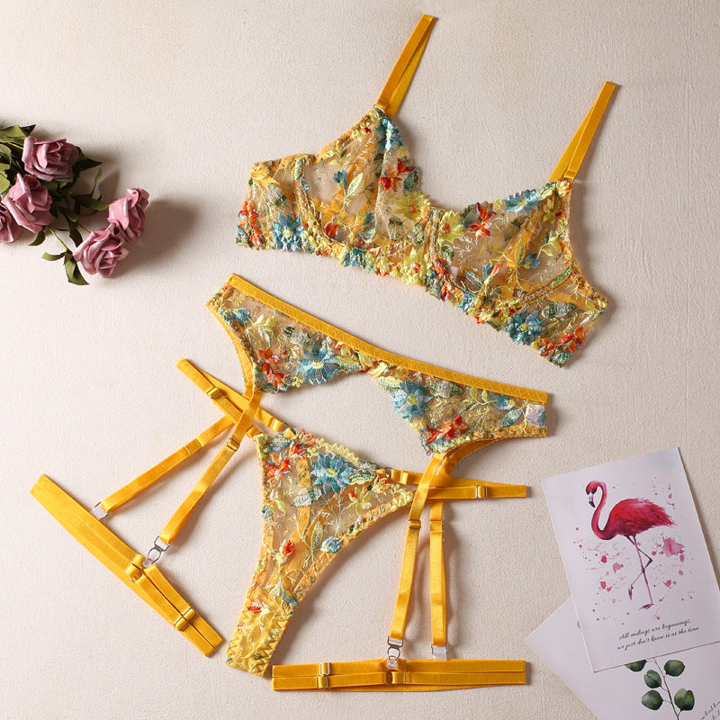 Sunlit Meadow Yellow Sheer 3-Piece Lingerie Set mooods lingerie 