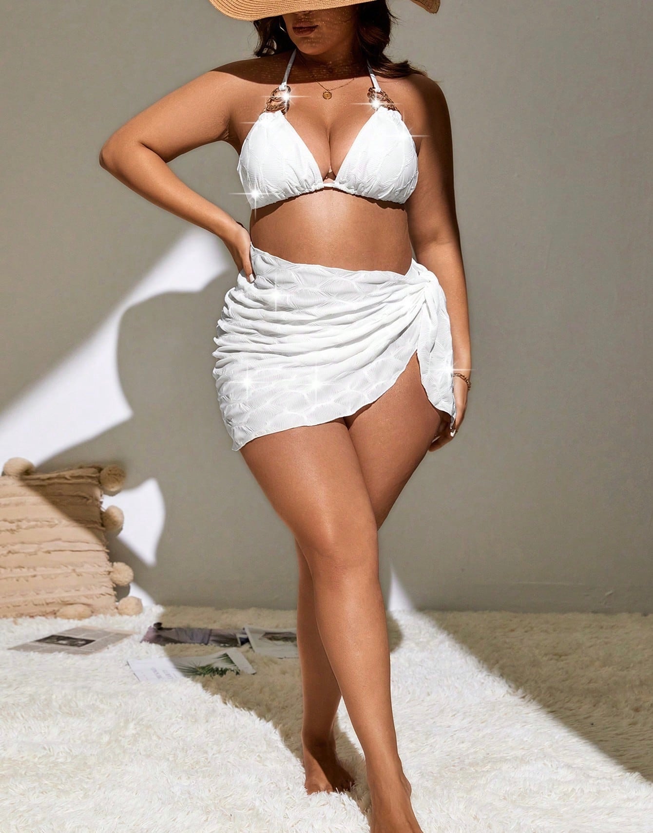 Elegant Waves Plus-Size White Bikini Set with Golden Accents mooods swimwear 