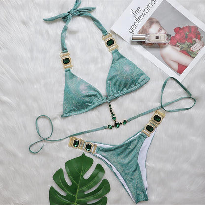 Emerald Gleam: Iridescent Halter Bikini Set with Rhinestone Accents mooods swimwear 