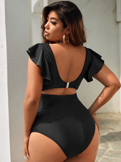 Noir Elegance Plus-Size Ruffled One-Piece Swimsuit mooods swimwear 