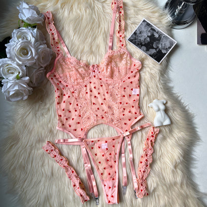 Heartfelt Allure: 3-Piece Ruffled Lingerie Set mooods