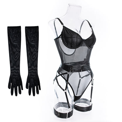 Delicate Mesh Elegance Teddy Set with Gloves and Lustrous Suspender Accents mooods