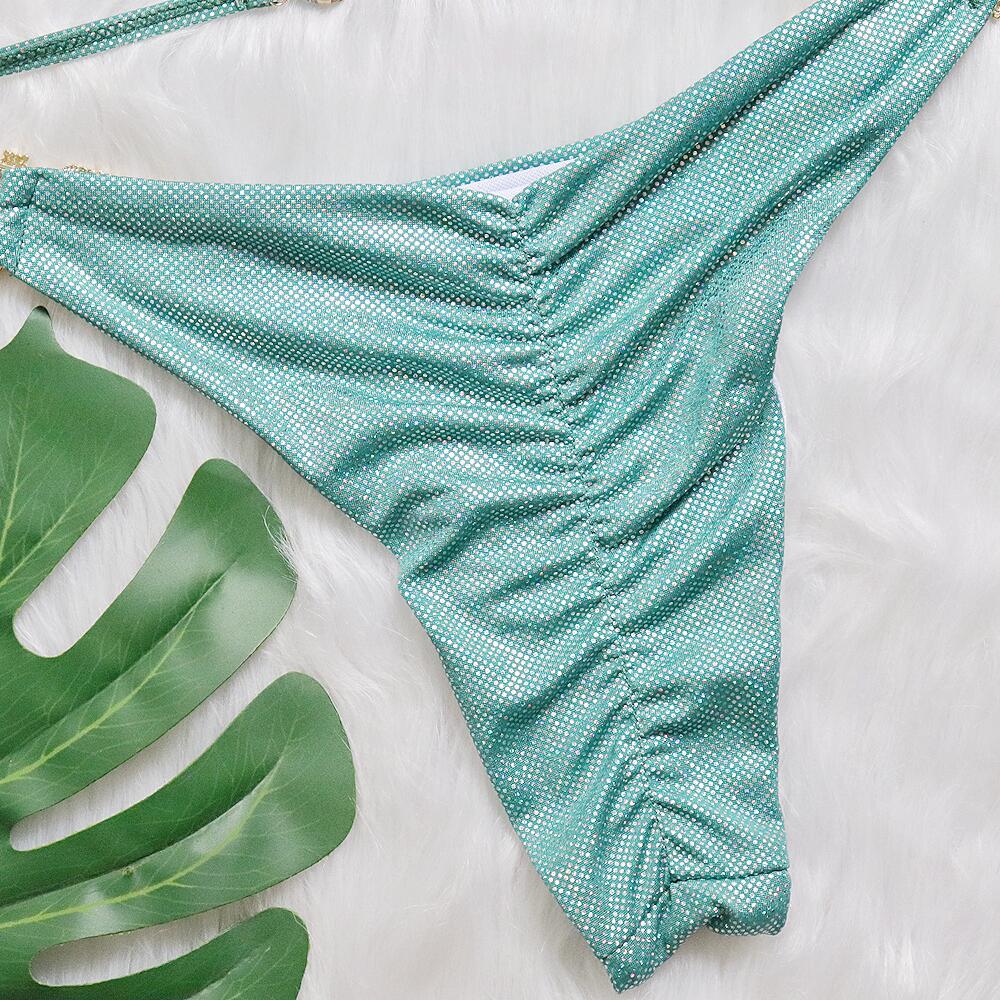 Emerald Gleam: Iridescent Halter Bikini Set with Rhinestone Accents mooods swimwear 