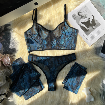 Watercolor Allure: Mesh Lingerie Set with Gloves and Hold-Ups