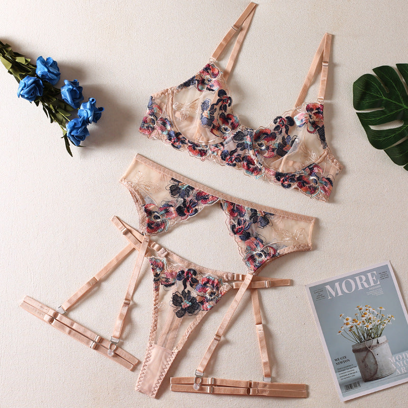 Spring Blossom Sheer Nude 3-Piece Lingerie Set mooods lingerie 