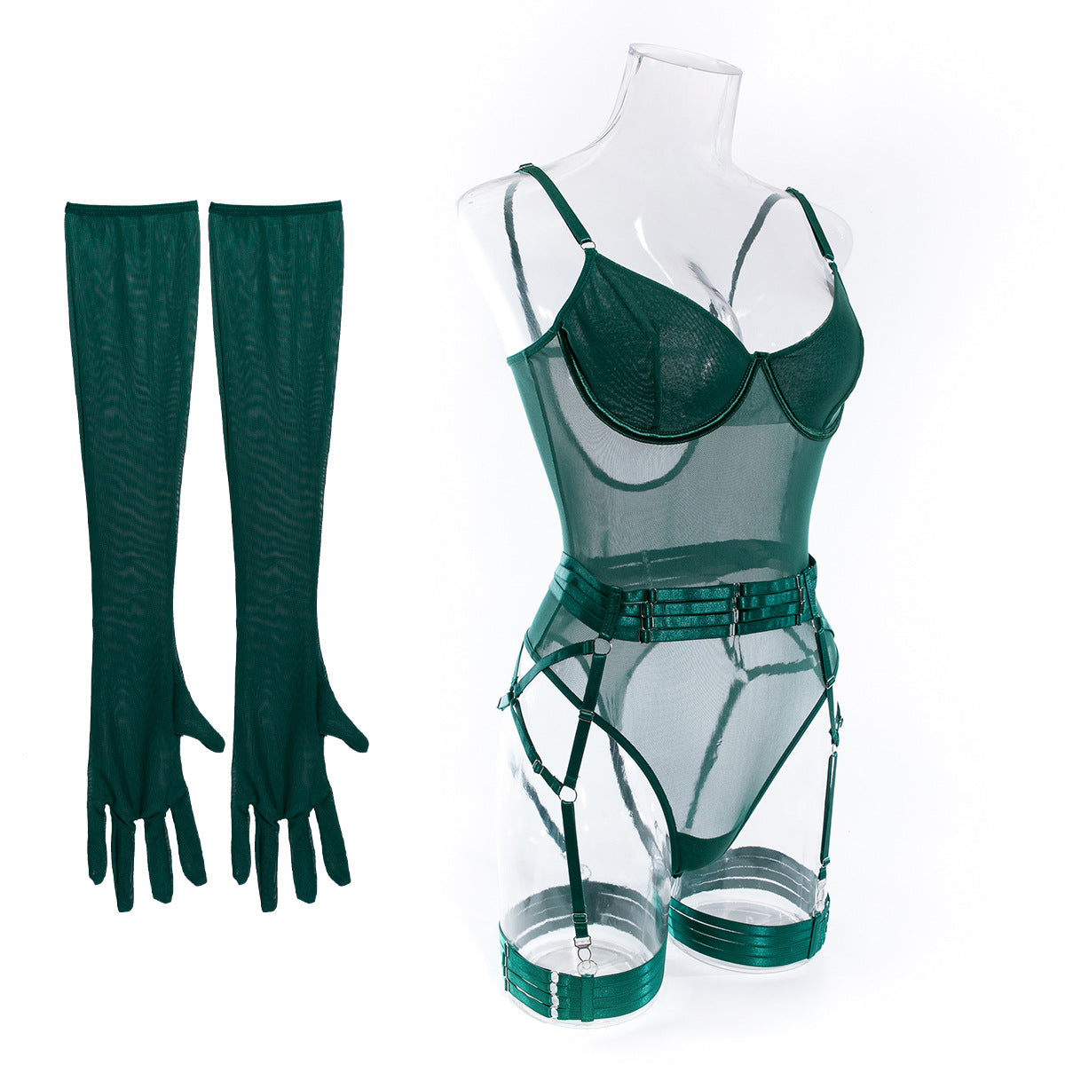 Delicate Mesh Elegance Teddy Set with Gloves and Lustrous Suspender Accents mooods