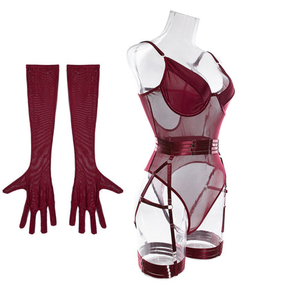 Delicate Mesh Elegance Teddy Set with Gloves and Lustrous Suspender Accents