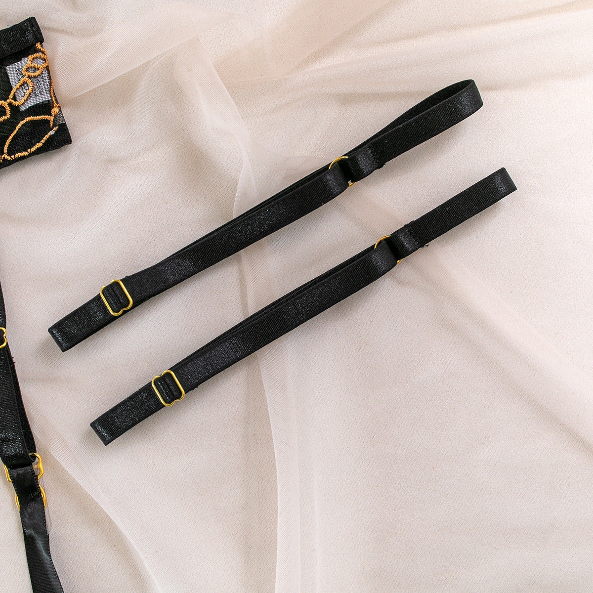 Golden Embrace: Luxurious Black Mesh Lingerie Set mooods