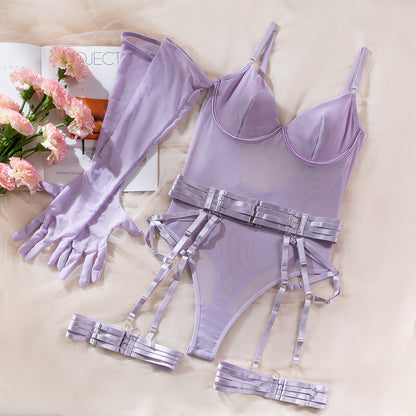 Delicate Mesh Elegance Teddy Set with Gloves and Lustrous Suspender Accents mooods
