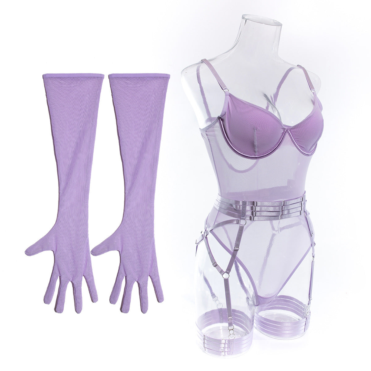 Delicate Mesh Elegance Teddy Set with Gloves and Lustrous Suspender Accents mooods