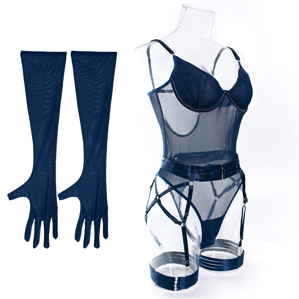 Delicate Mesh Elegance Teddy Set with Gloves and Lustrous Suspender Accents mooods