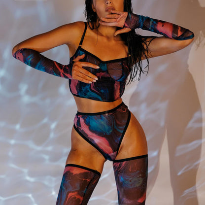 Watercolor Allure: Mesh Lingerie Set with Gloves and Hold-Ups