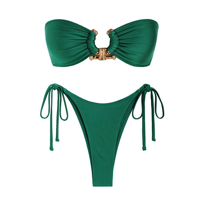 Emerald Enchantment: Luxe Strapless Bikini Set with Golden Accent mooods swimwear 
