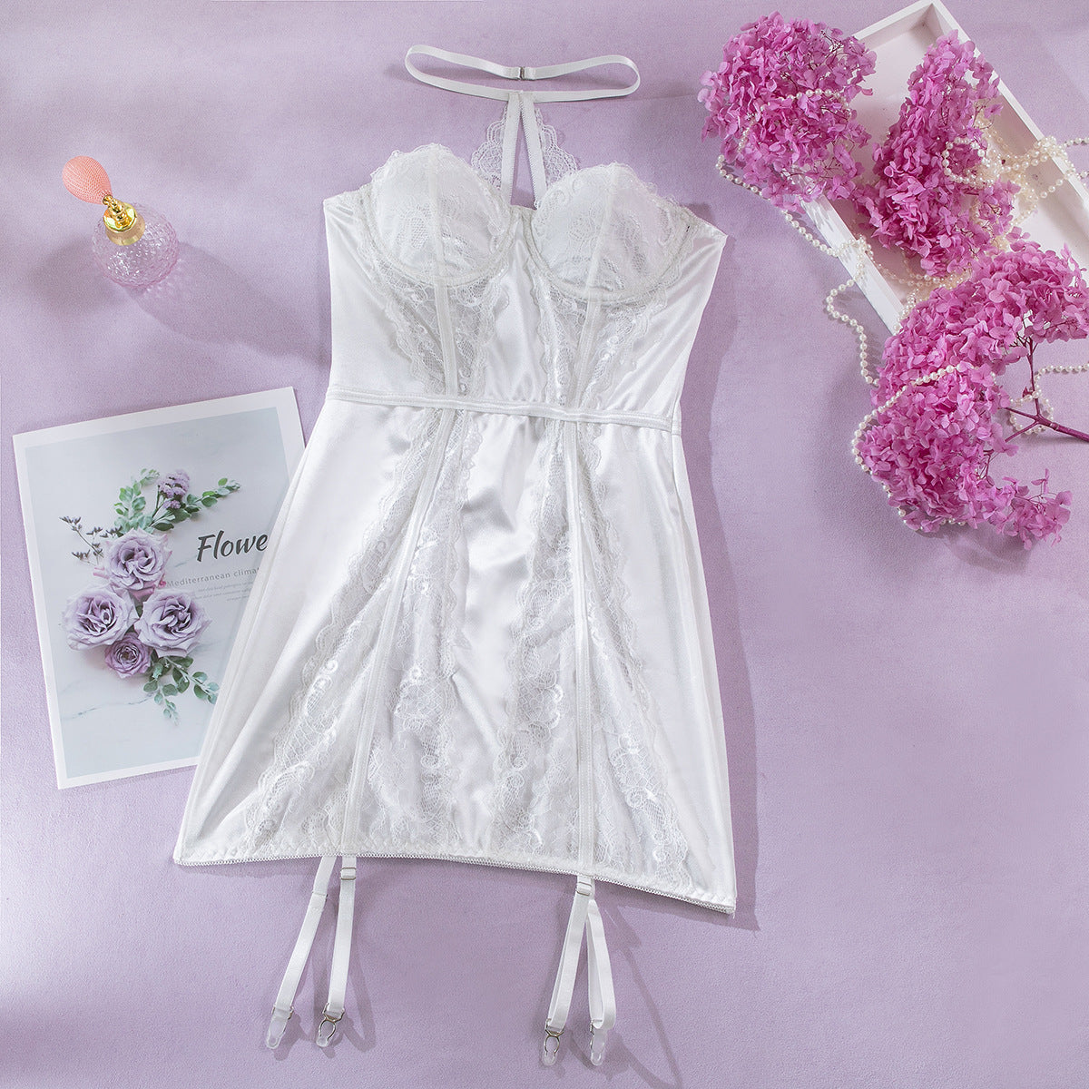 Eternal Grace Bridal Satin & Lace Suspenders Mini Dress mooods