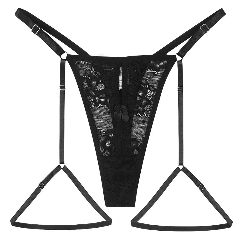 Allure Lace Thong Panty with Adjustable Strap, Front Cutouts, and Garters