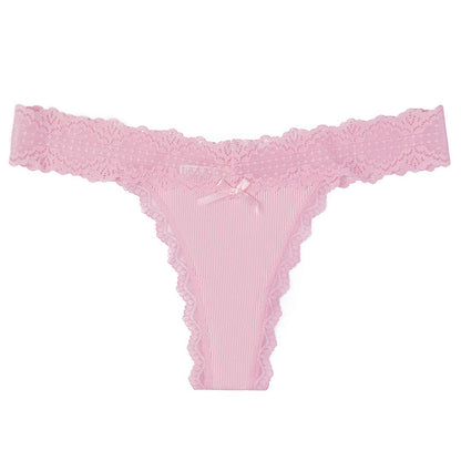 Lace-Infused Classic Nylon Thong Panty with Cotton Crotch Lining - Medium Rise