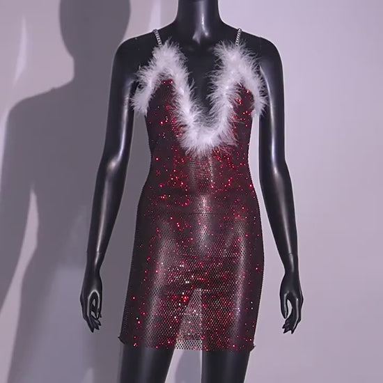Ruby Radiance Festive Feathered Mini Dress
