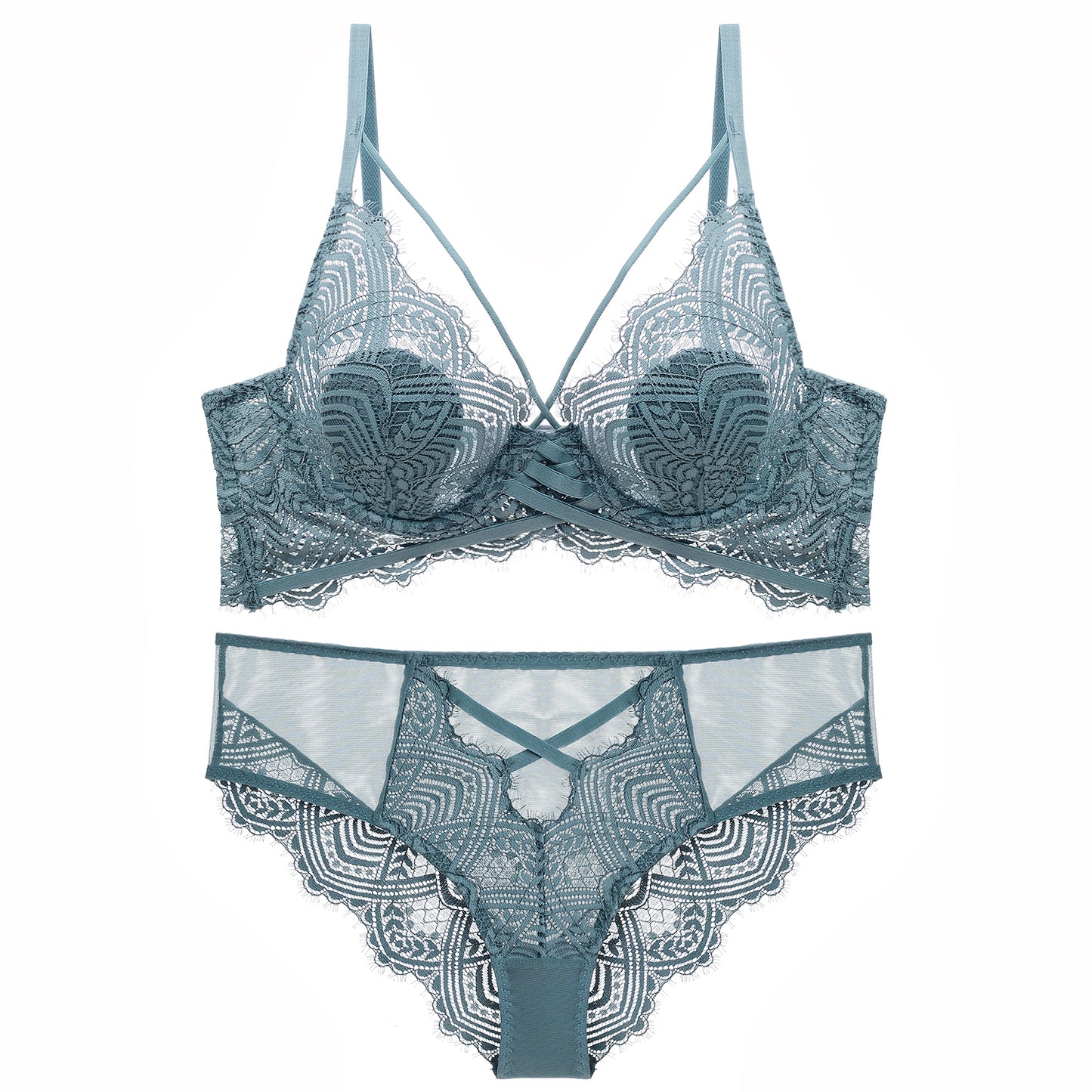 partially lined bra lace lingerie set gray blue
