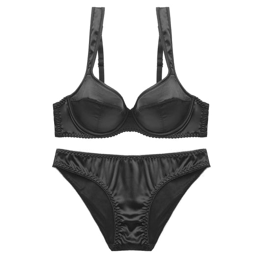 Soothing Shadows: Balcony Style Satin Bra Lingerie Set in Black